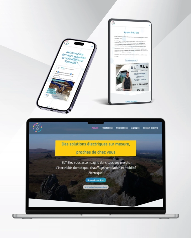 ordinateur, portable et tablette montrant le site de BLT Elec, entreprise de travaux électriques à Commana