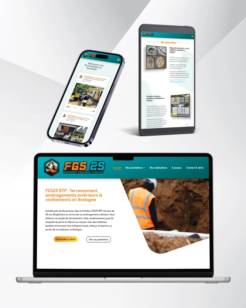 ordinateur, portable et tablette montrant le site de FGS29 BTP, entreprise de BTP au Juch