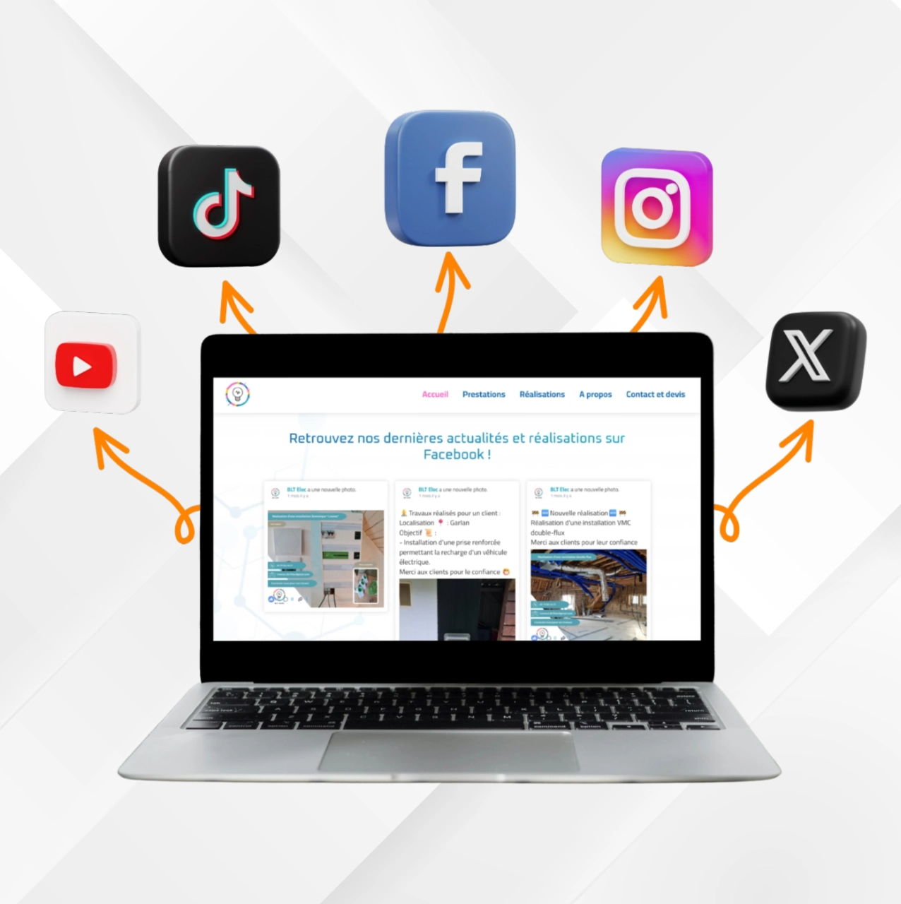 photo site web avec intégration facebook et icones FB, insta, X, tik tok, youtube