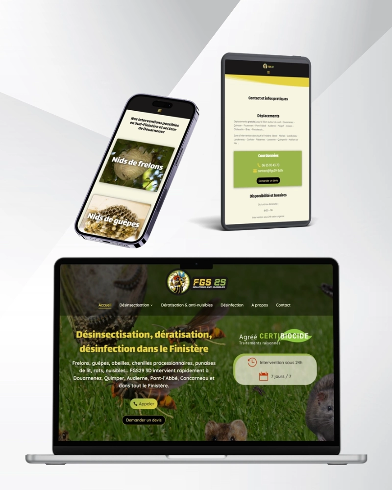 ordinateur, portable et tablette montrant le site de FGS29 3D, experts en désinsectisation, dératisation et désinfection