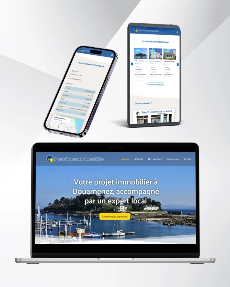 ordinateur, portable et tablette montrant le site de l'agence Douarneniste Immobilière, agence immobilière indépendante à Douarnenez
