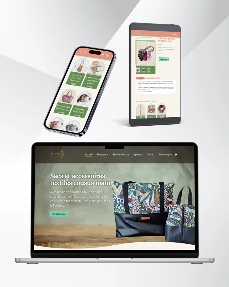 ordinateur, portable et tablette montrant le site de its cré'azi, couturière à Plouhinec